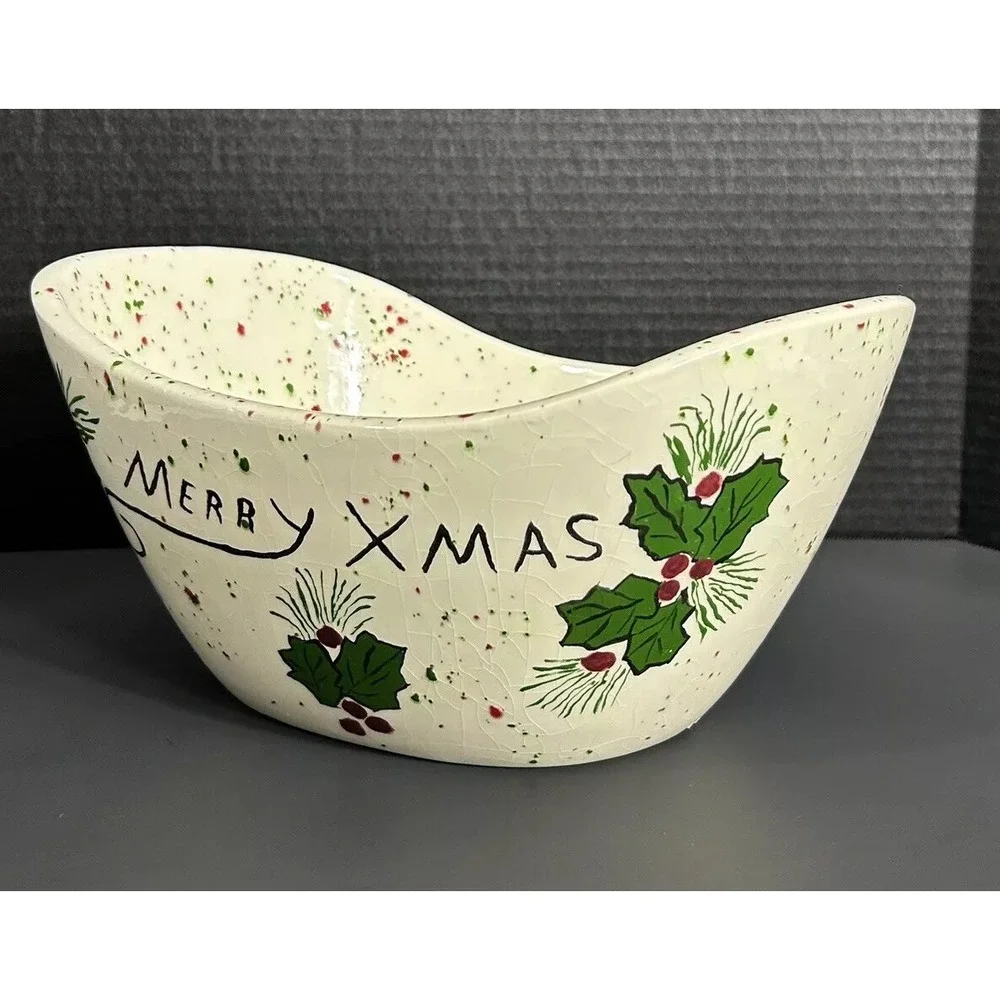 Merry X-mas Bowl Red Green‎ Sprinkles 1990 OOAK Christmas Holiday popcorn